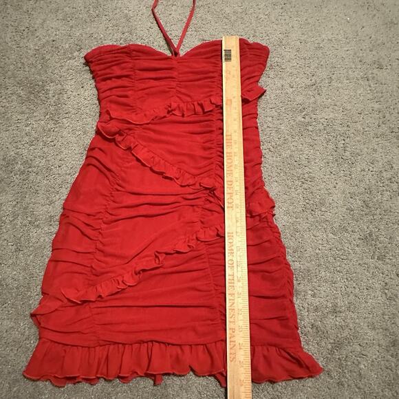 MAJORELLE Red Ruched Halter Bodycon Mini Dress Ruffles‎ Size M - Picture 12 of 13